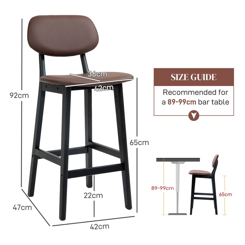 HOMCOM Breakfast Bar stools Set of 2 with PU Leather Cover, Wood Legs, Brown
