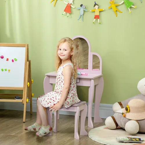 HOMCOM Kids Dressing Table and Stool Kids Vanity Set Makeup Desk w/Mirror, Drawer, for Ages 3-6 Years - Pink