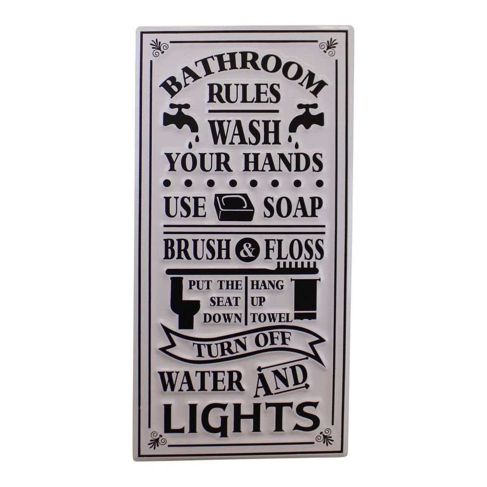 Bathroom Rules Plaque - Use Soap, Hang Up Towel - Quality Metal - 60x30cm