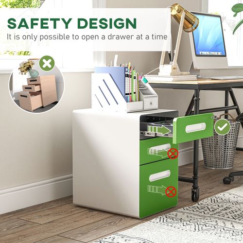 Vinsetto 3 Drawer Modern Steel Filing Cabinet w/ 4 Wheels Lock Box