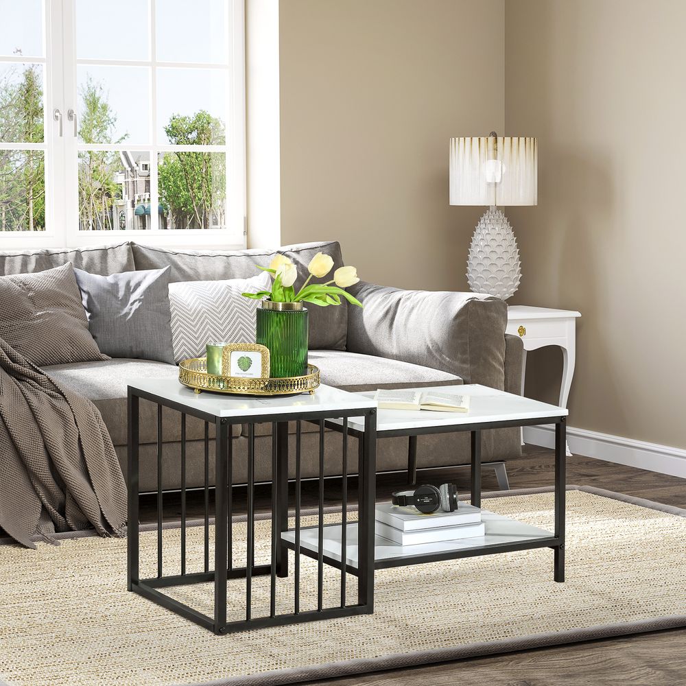 HOMCOM Modern Coffee Table Set of Two, Marble-Effect Nesting Side Tables with Steel Frame for Living Room, White and Black