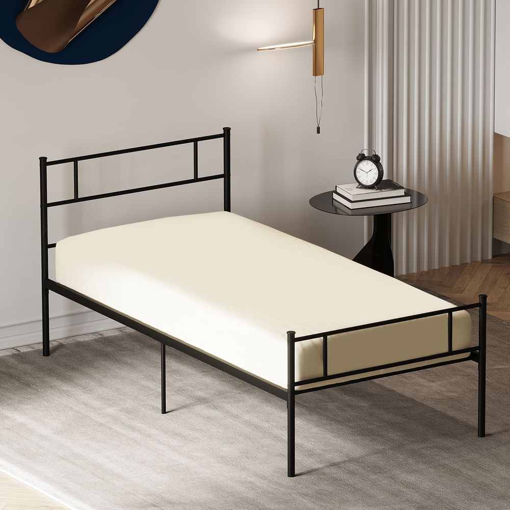 HOMCOM Single Metal Bed Frame Solid Bedstead Base with Headboard and Footboard, Metal Slat Support and Underbed Storage Space, Bedroom Furniture, Black