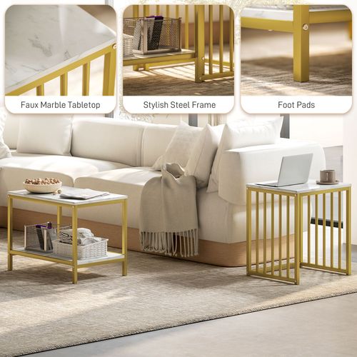 HOMCOM Modern Coffee Table Set of Two w/ Steel Frame Marble-Effect