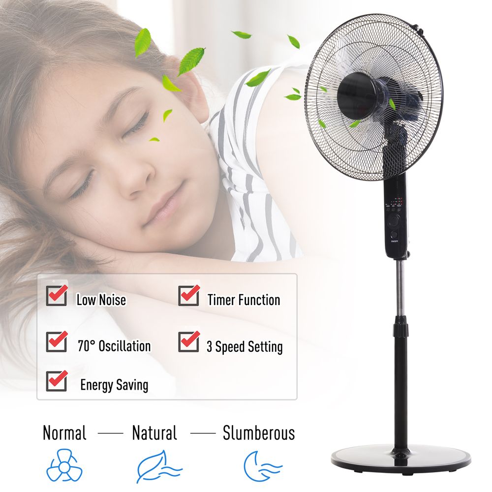 HOMCOM 18" Pedestal Fan, Oscillating Standing Fan with Remote Control, Floor Fan with Adjustable Height, 3 Speed, 7.5-Hour Timer, Black
