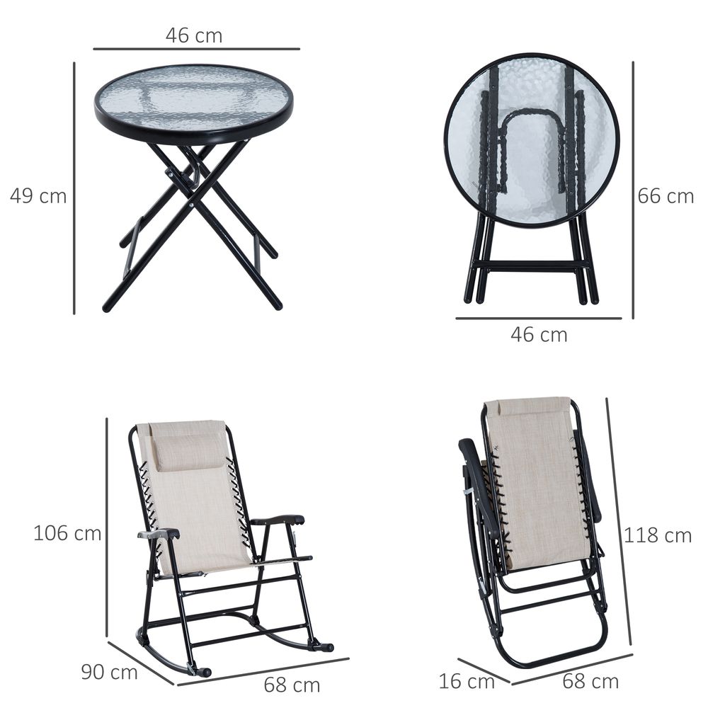 3 Piece Rocking Bistro Set, 2 Folding Chairs & 1 Tempered Glass Table, Beige