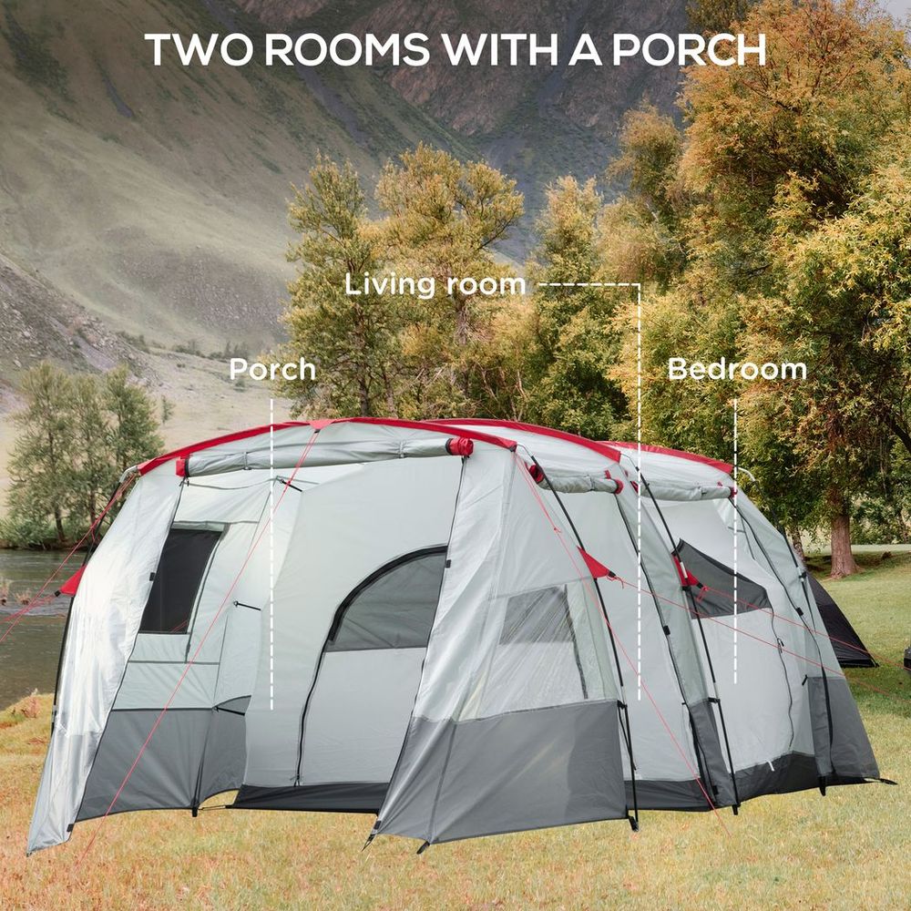 Outsunny 6-8 Person Tunnel Tent, Two-room Camping, Carry Bag, Grey