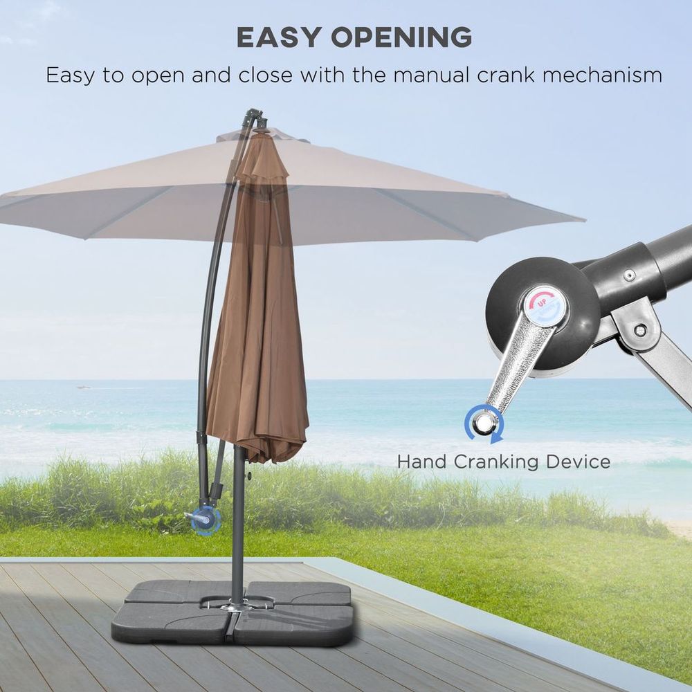 Outsunny 3m Banana Cantilever Umbrella Garden w/ Base Weights, Coffee