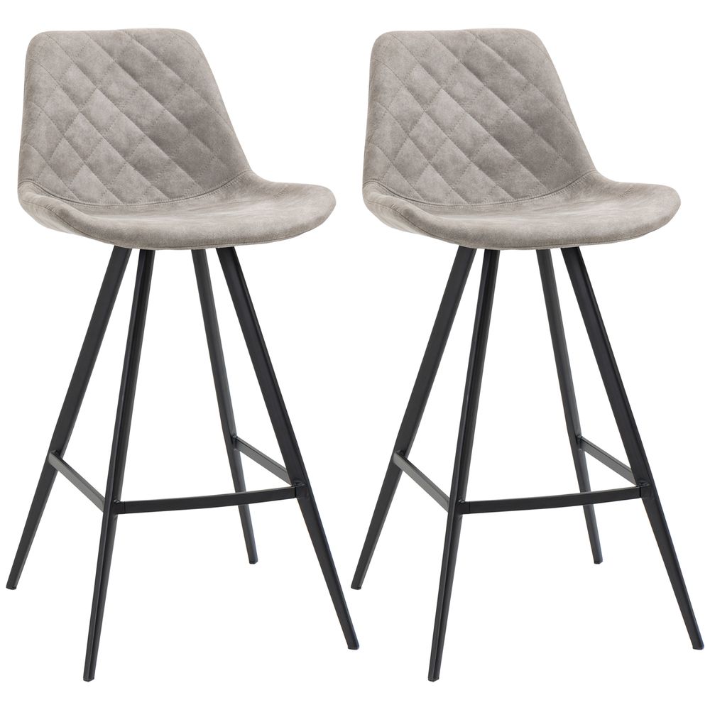 HOMCOM Set Of 2 Bar Stools Vintage Microfiber Cloth Tub Seats Padded Steel Grey