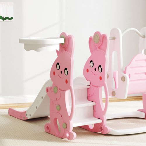 AIYAPLAY 4 in 1 Kids Slide and Swing Set with Climber, Basketball Hoop, Pink