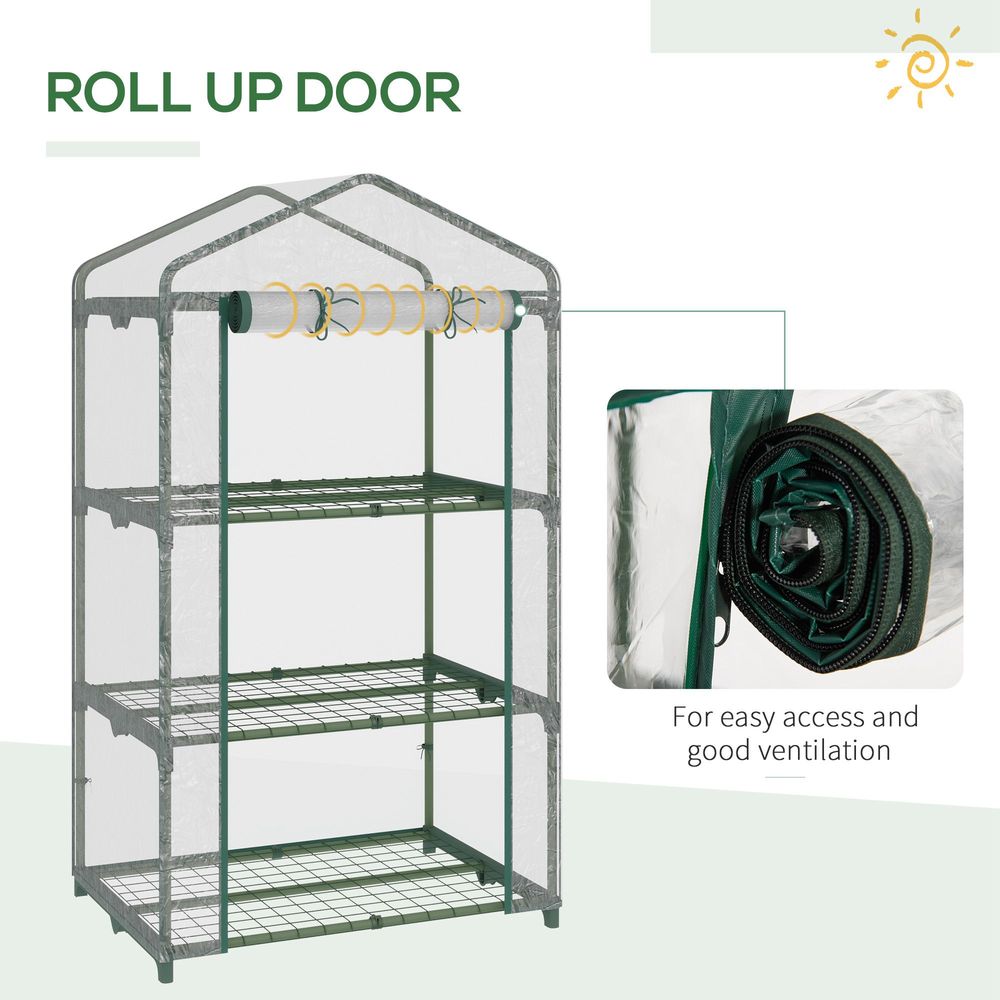 Premium 3 Tier Mini Greenhouse, Roll Up Door, Wire Shelves, 69x49x125cm