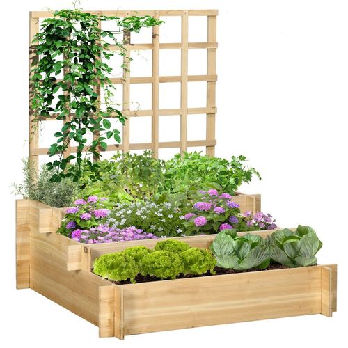 Outsunny 3 Tier Wooden Garden Planters with Trellis for Vine Climbing Plants