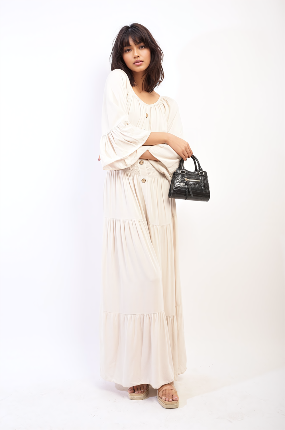 Leah Ruffle Hem Sleeve Shirred Waist Tiered Maxi Dress