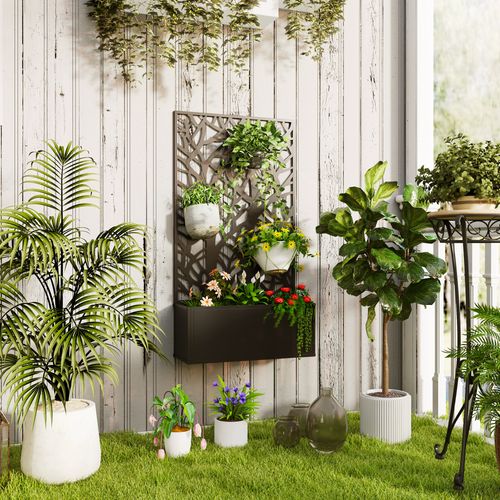 Outsunny Metal Raised Garden Bed with Trellis, Outdoor Elevated Planter Box
