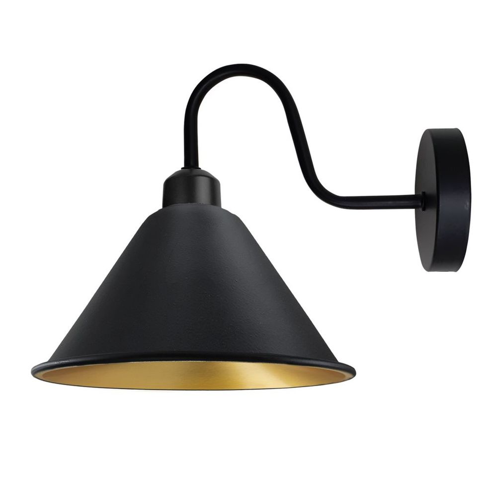 Vintage Black Gold Wall Light Fixture | E27 Base | Cone Shape Shade | Swan Neck
