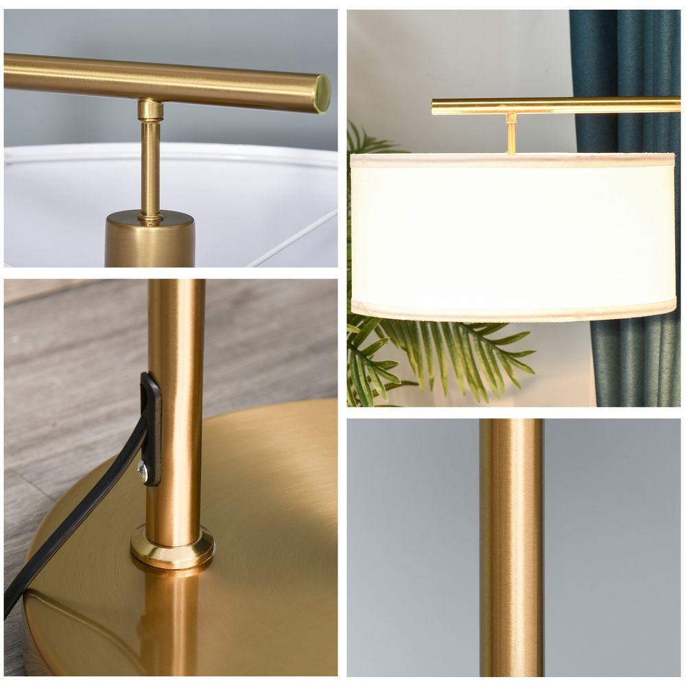 HOMCOM Floor Lamp, Modern Standing Light with Linen Lampshade, Round Base for Living Room, Bedroom, Dining Room, 153cm, Gold and White