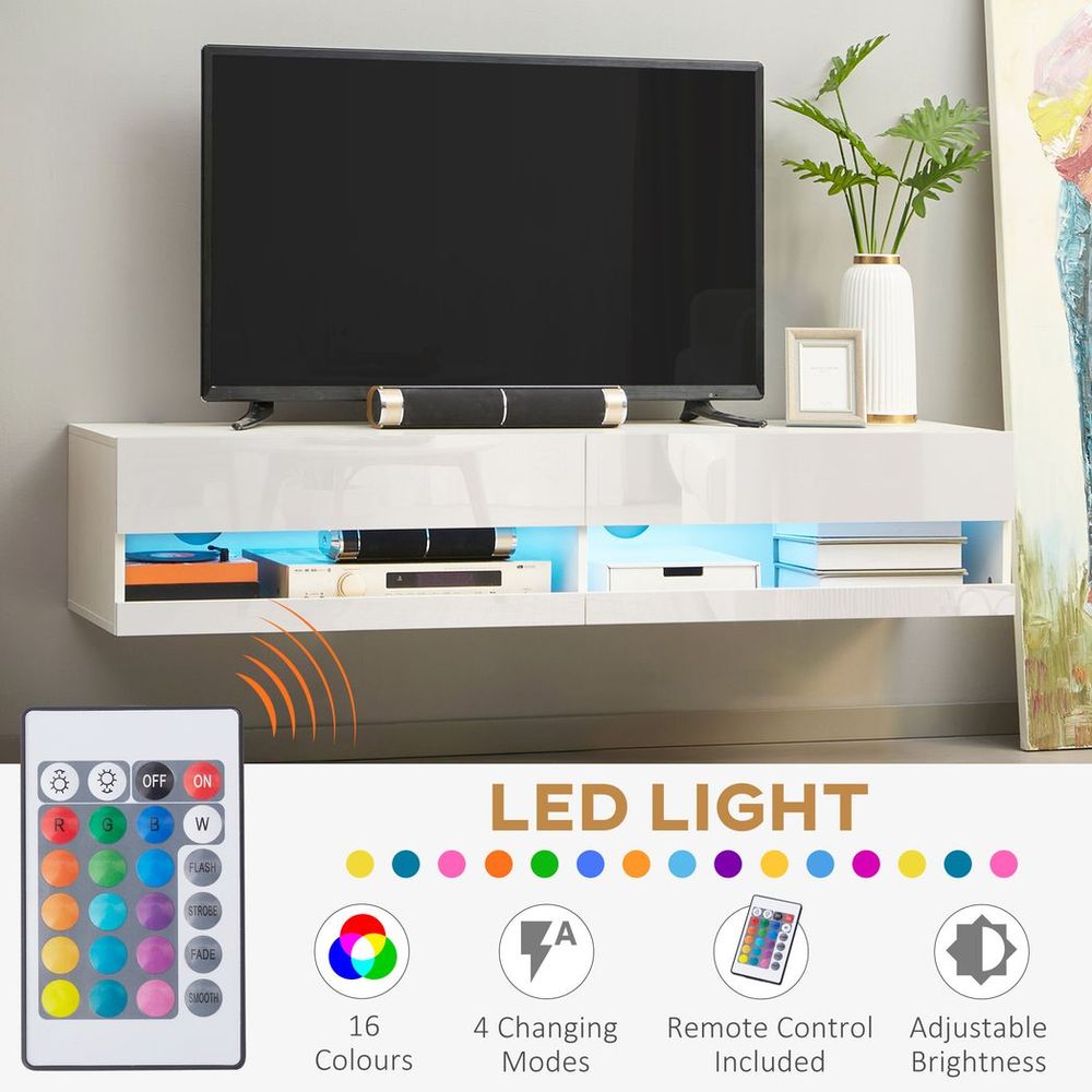 High Gloss TV Stand Unit Wall Mounted with Storage and LED Lights, White