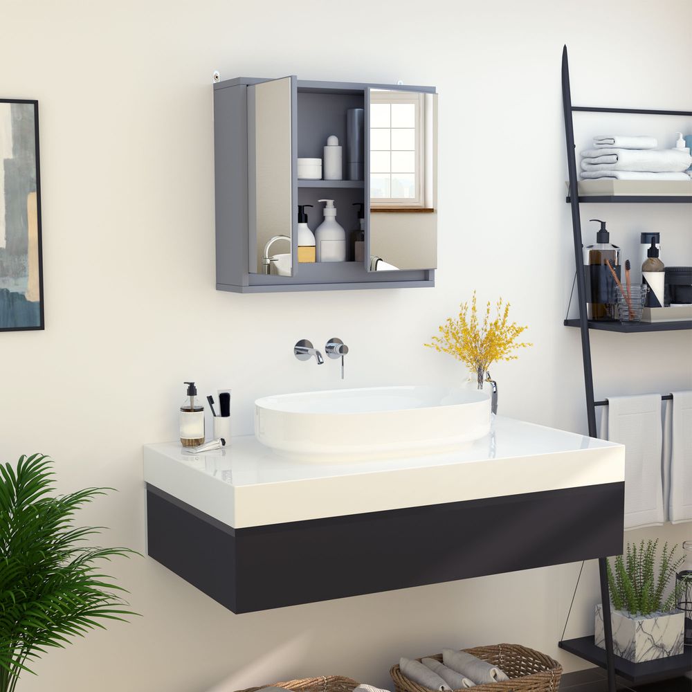 HOMCOM Bathroom Mirror Cabinet Wall Mounted Storage Shelf Bathroom Cupboard Double Door, Grey