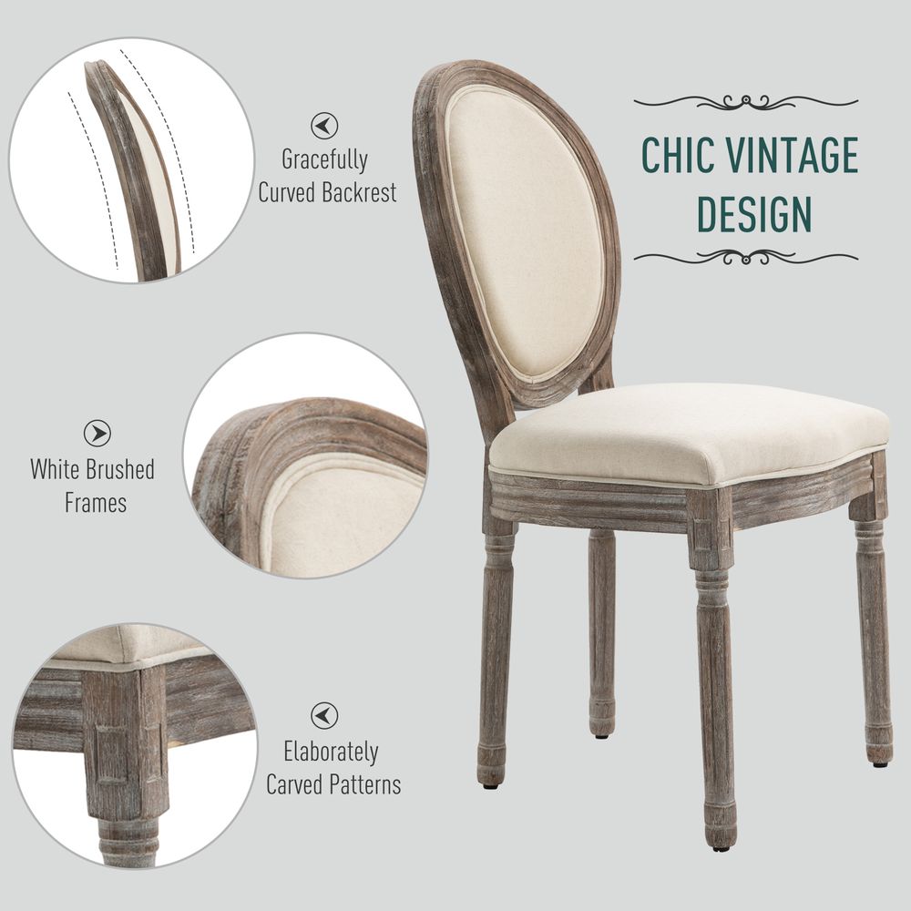 HOMCOM Set of 2 Elegant French-Style Dining Chairs w/ Wood Frame Foam Seat Cream