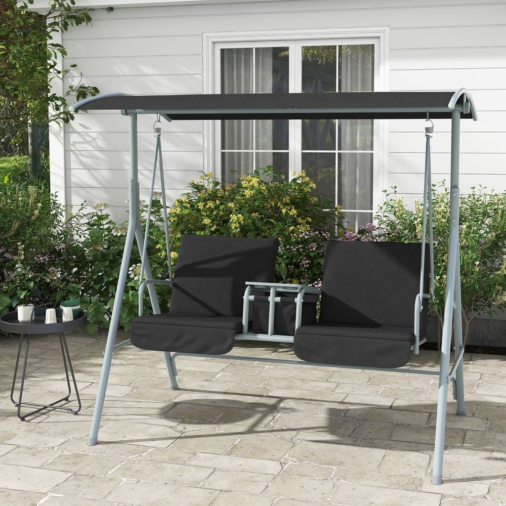 Outsunny 2 Person Patio Swing w/ Table & Storage - Black. Strong, Comfortable, Weather-Resistant. Easy Assembly. 220kg Capacity