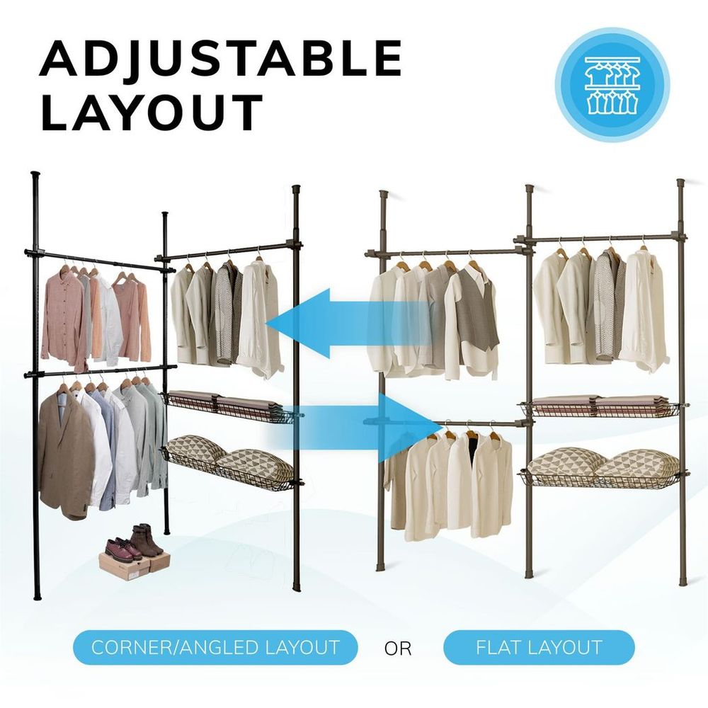 Double Black With Baskets Telescopic Wardrobe Organiser Hanging Rail Clothes Rack Adjustable Storage Shelving