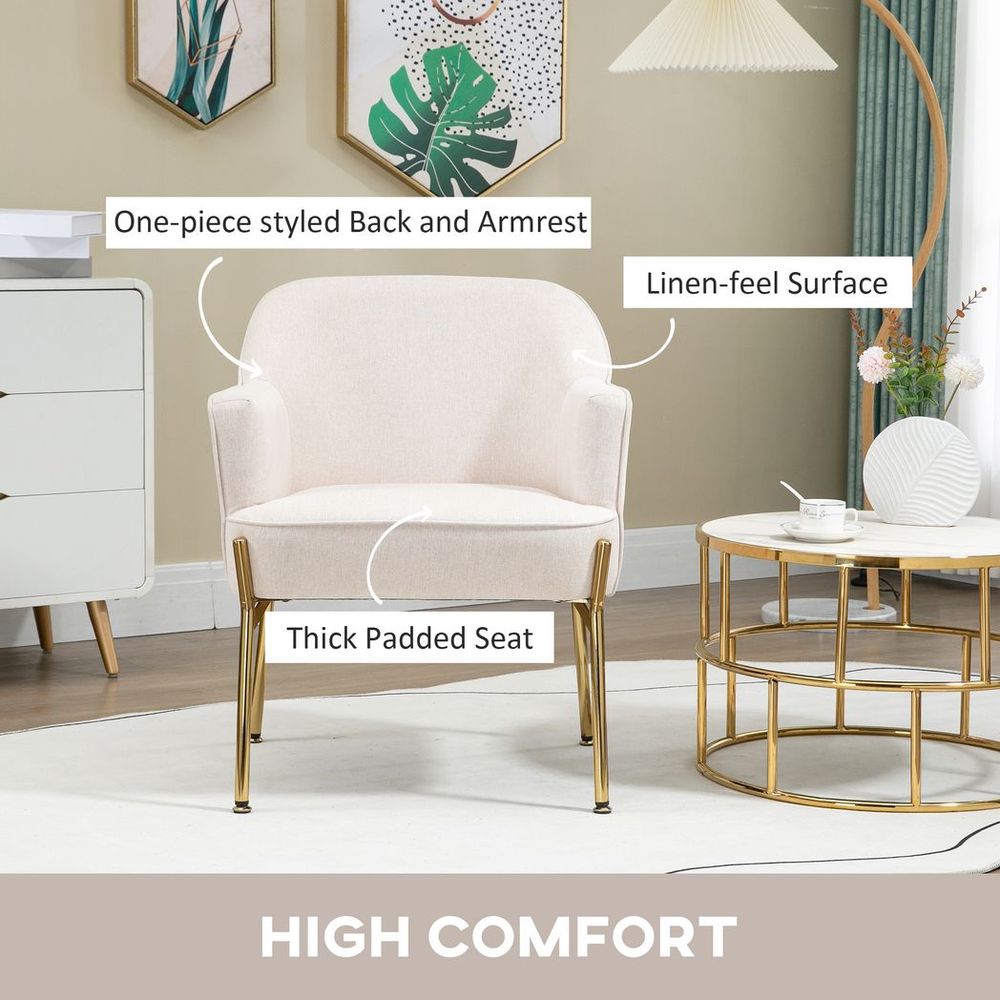 White Fabric Armchair Accent Chair | Metal Legs | Living Room & Bedroom | High Quality