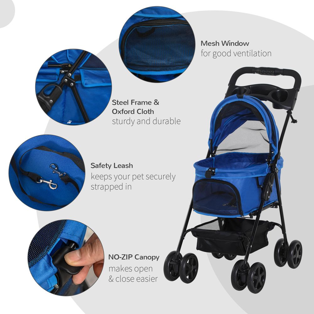 PawHut Dog Pram Dog Stroller Foldable Pet Pushchair with 4 Wheels, Safety Leashes, Cup Holder for Small Dogs, Blue