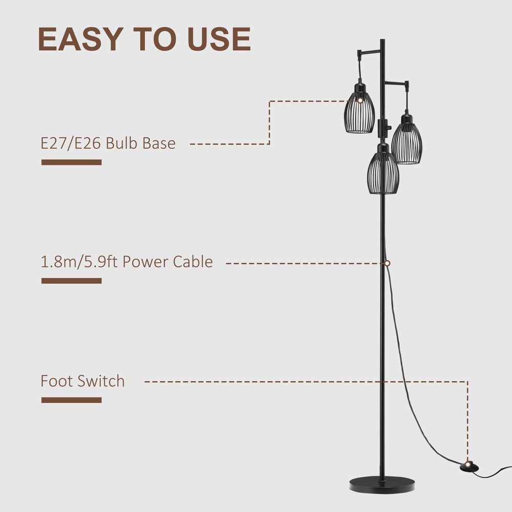 Industrial 3-Light Floor Lamp, Dimmable Black, 170cm