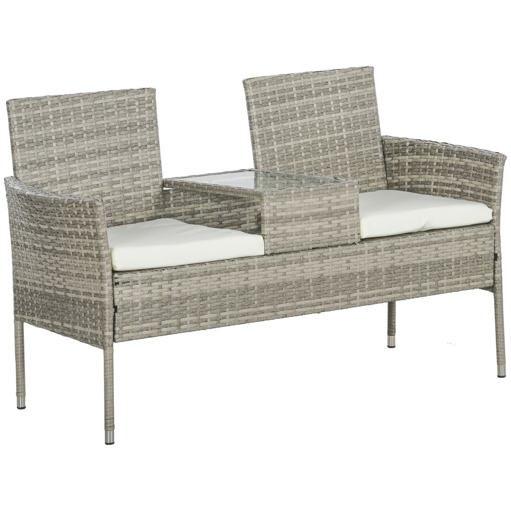Outsunny Rattan Garden Bench w/ Glass Tea Table, Wicker Chair w/ Cushions, Grey