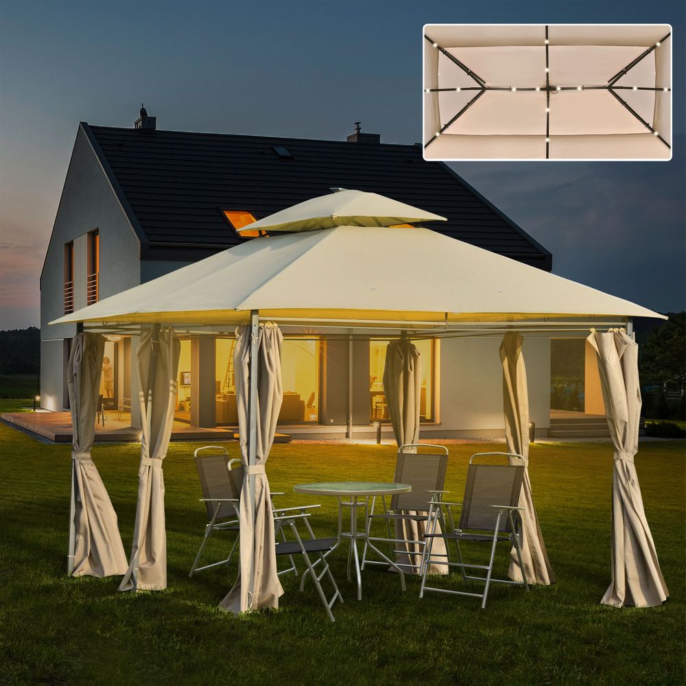 Outdoor Tent Garden Pavilion 4x3m | LED Solar Light | Steel Frame | Khaki