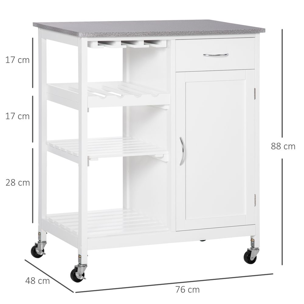 Kitchen Trolley Utility Cart on Wheels with Wine Rack, Drawer, Open Shelf White