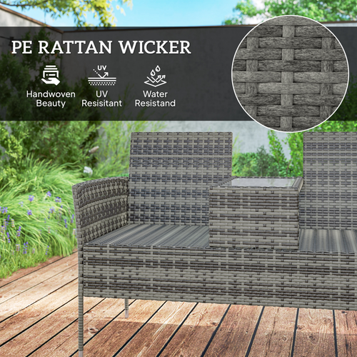 Outsunny Rattan Garden Bench w/ Glass Tea Table, Wicker Chair w/ Cushions