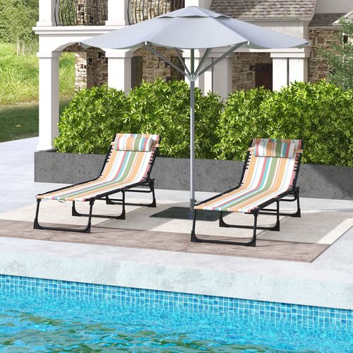 Outsunny 2 Pcs Folding Beach Chair Chaise Lounge 4 Adjustable Positions, Multi