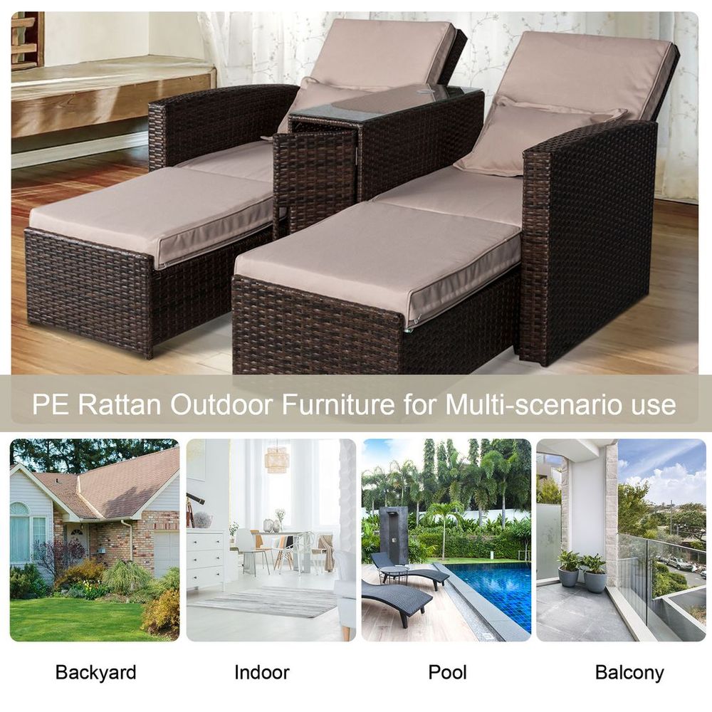 Outdoor Garden Double Rattan Sun Lounger Sofa Recliner Wicker Patio - Brown