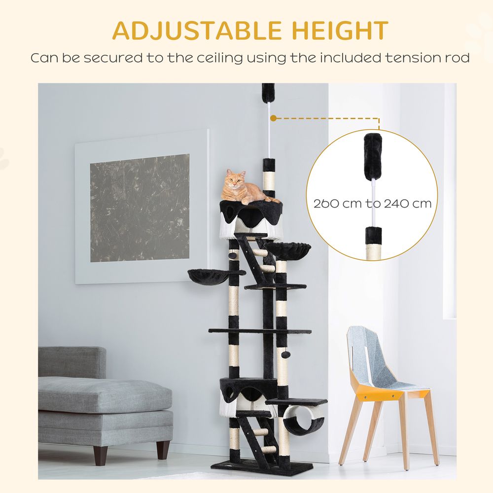 PawHut Floor to Ceiling Cat Tree, 240-260cm Adjustable Height Cat Tower with Scratching Posts, Cat Houses, Ramps, Hammocks, Toy Balls, Tunnel for Indoor Cats - Black