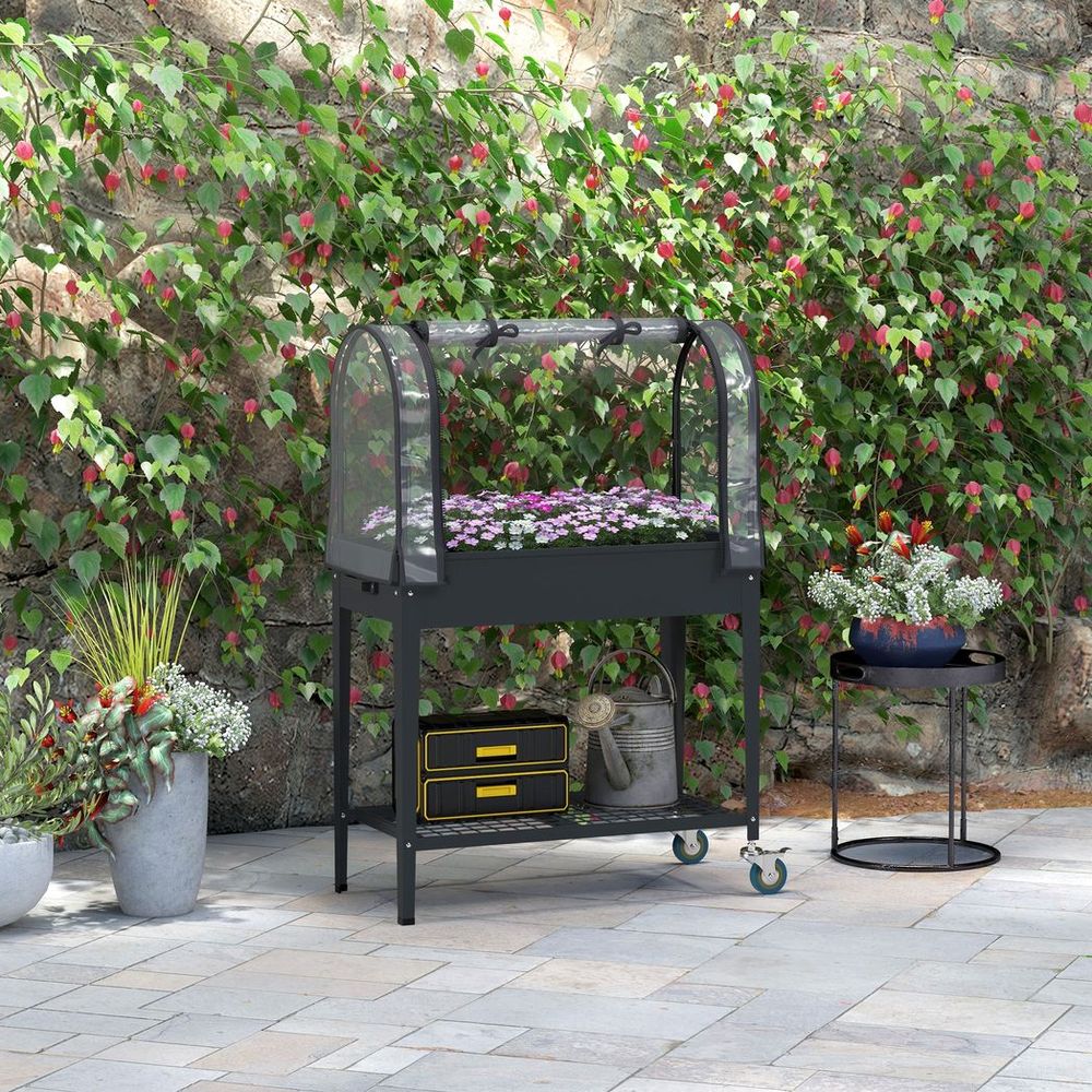 Outsunny Mobile Raised Garden Bed w/ Greenhouse & Bottom Shelf - Dark Grey