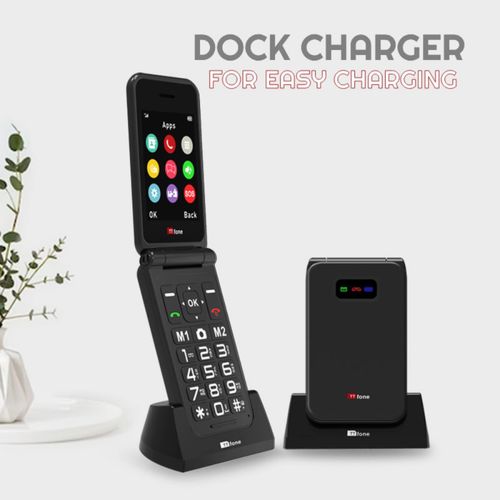 TTfone Black TT760 Flip 4G Mobile with Dock Charger, Vodafone SIM