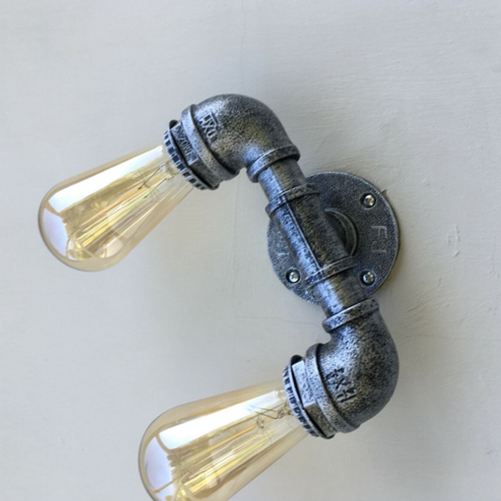 Vintage Brushed Copper Double Head Wall Light - Industrial Rustic Steampunk Metal Water Pipe