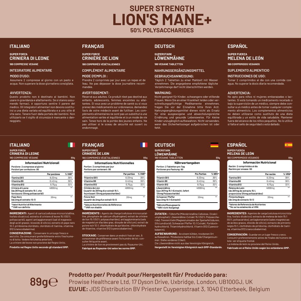 Lions Mane Mushroom Supplement 4000mg with Vitamin B1, B6, B12 & Black Pepper - 180 Super Strength Vegan Tablets with 50% Polysaccharides (Not Powder or Capsules) | Made in The UK by Prowise