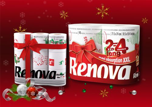 Renova Luxury Christmas Rolls - 9 Toilet Paper & 2 Kitchen XXL Rolls w/ 80 Sheet