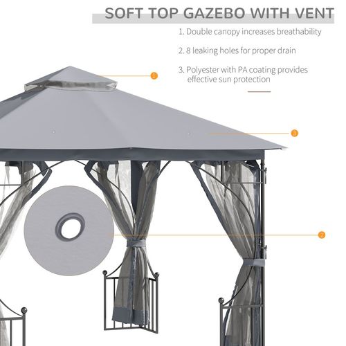 Outsunny 3 x 3(m) Garden Gazebo Patio Party Tent Shelter Outdoor Canopy Double Tier Sun Shade Metal Frame Netting Light Grey