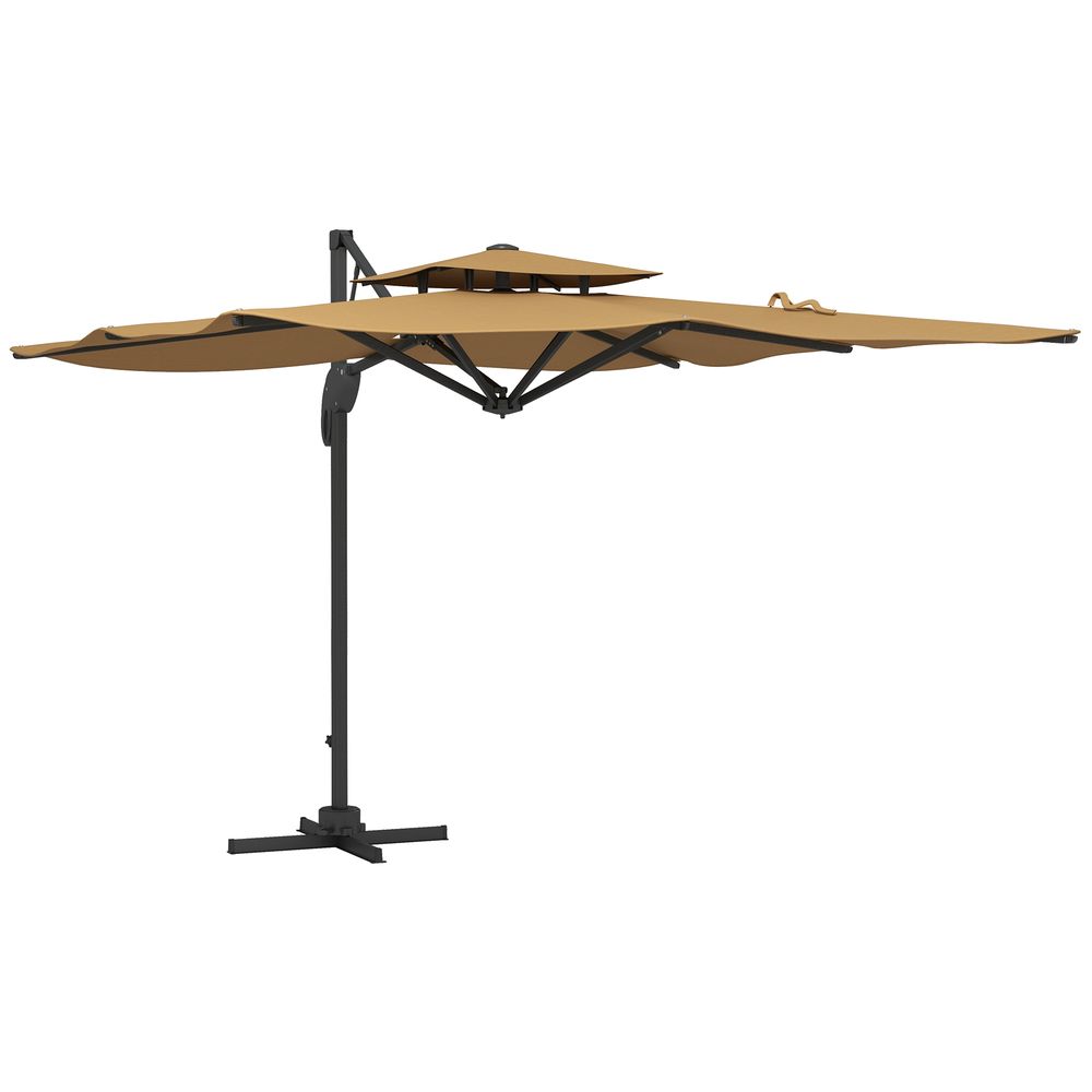 Outsunny 3m Dual Top Khaki Patio Umbrella - Hydraulic Mechanism, High-Quality - Create Shade Anywhere!