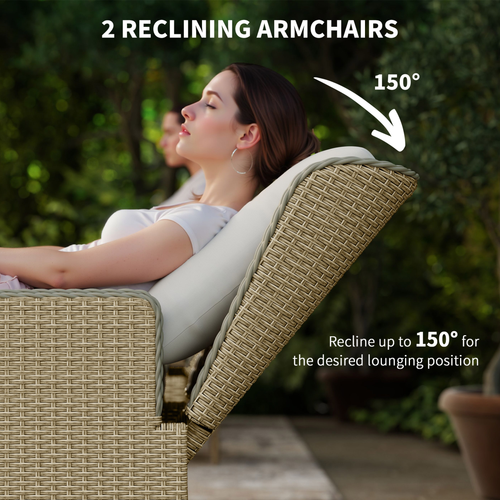 Outsunny Rattan Garden Furniture Set with Footstools Armchairs Light Grey