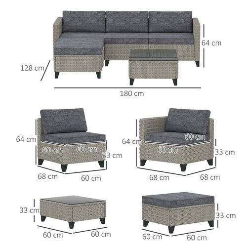Outsunny 5 PCs Rattan Garden Furniture Set with Glass Coffee Table Dark Grey