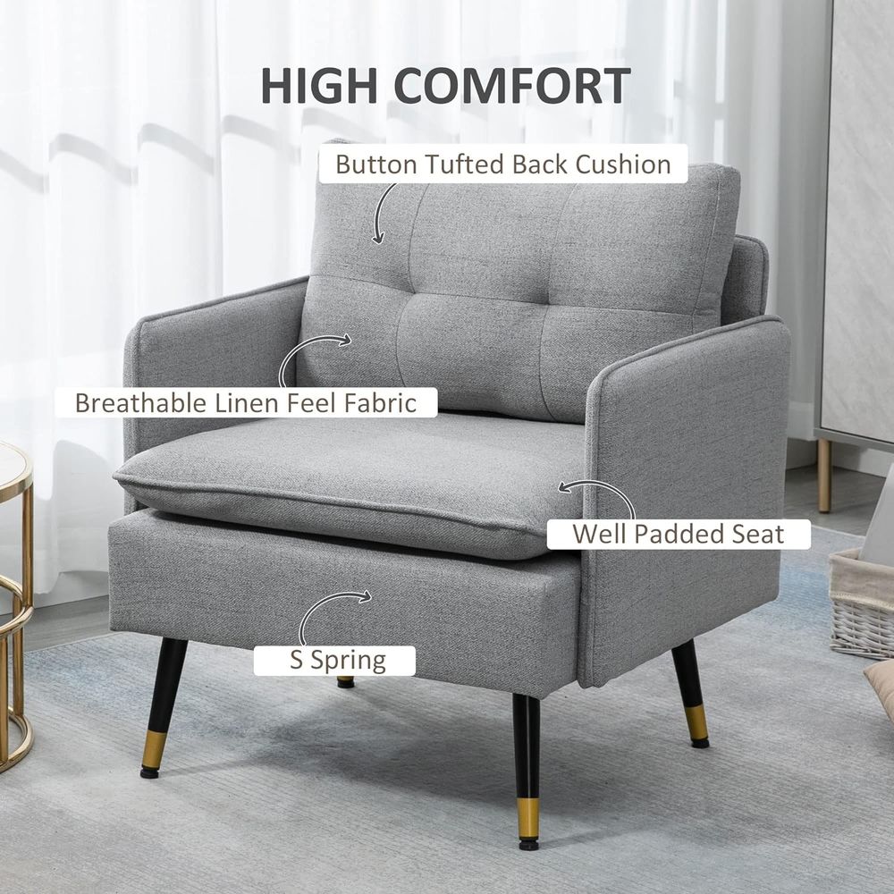 HOMCOM Modern Upholstered One Seater Sofa for Bedroom Living Room Grey