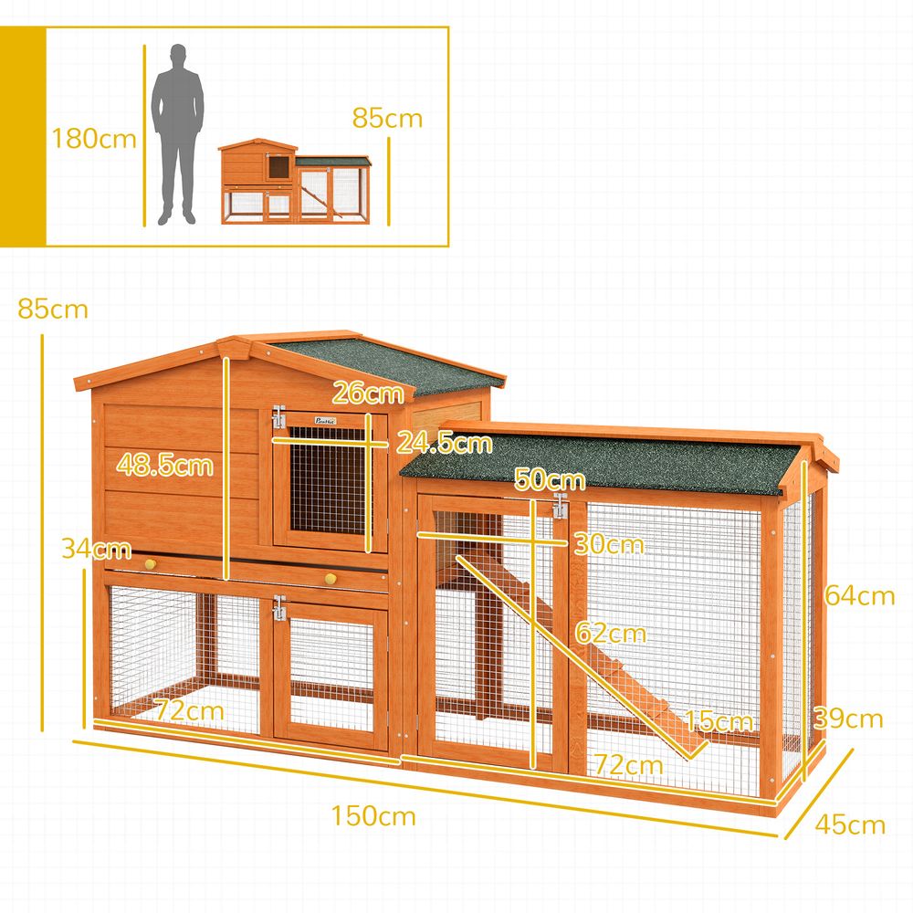 PawHut Wooden Rabbit Hutch with Run, Ramp, Slide-out Tray