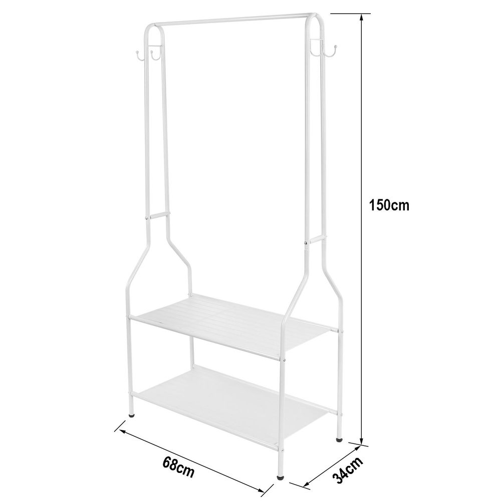 White Clothes Rail: Space Saving Storage with 2 Shelves, Hooks. Sturdy Steel Design, Elegant Style. Perfect for Any Room. 150cm