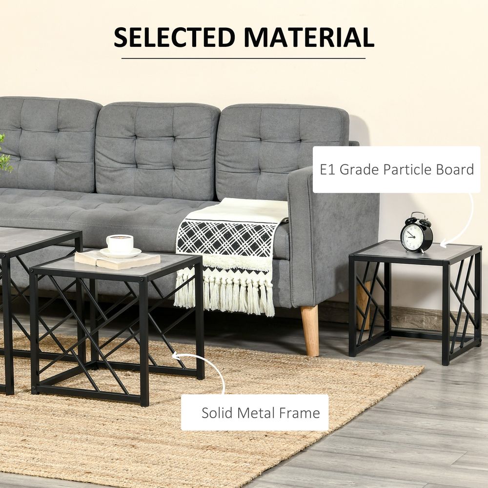 HOMCOM Nesting Coffee Tables, Set of 3 Square Side Tables with Black Metal Frame, for Living Room, Bedroom and Office, Grey