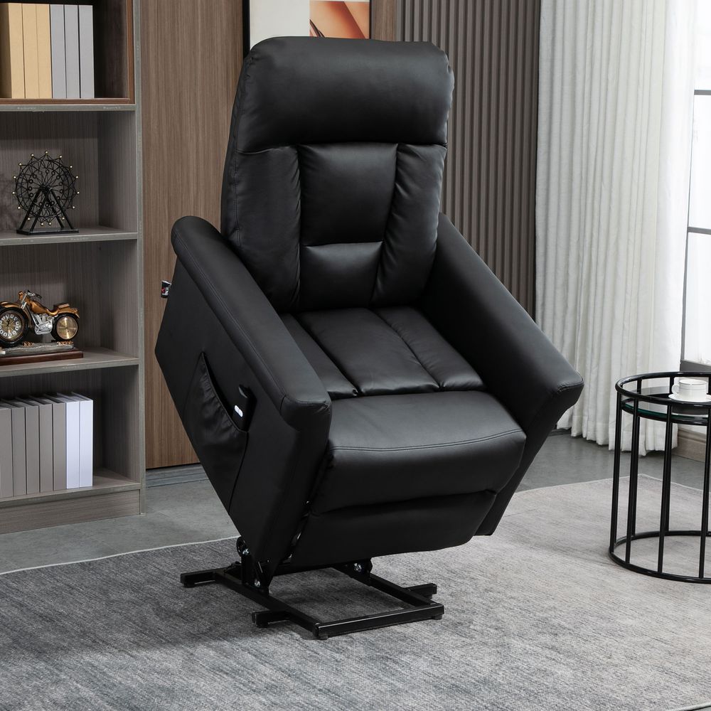 HOMCOM Lift Stand Assistance Chair Recliner Sofa PU Leather Extra Padded Design Electric Power w/Remote Black