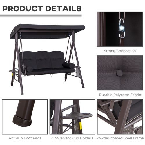 Outsunny 3 Seater Garden Swing Chair Patio Swing Bench w/ Cup Trays Black