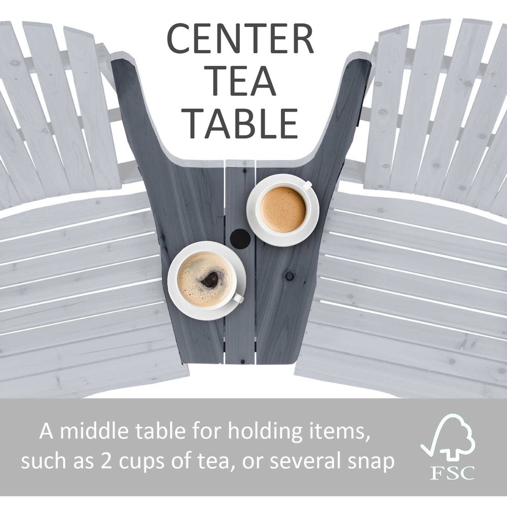 Wooden Double Adirondack Chairs Loveseat & Center Table & Umbrella Hole, Grey